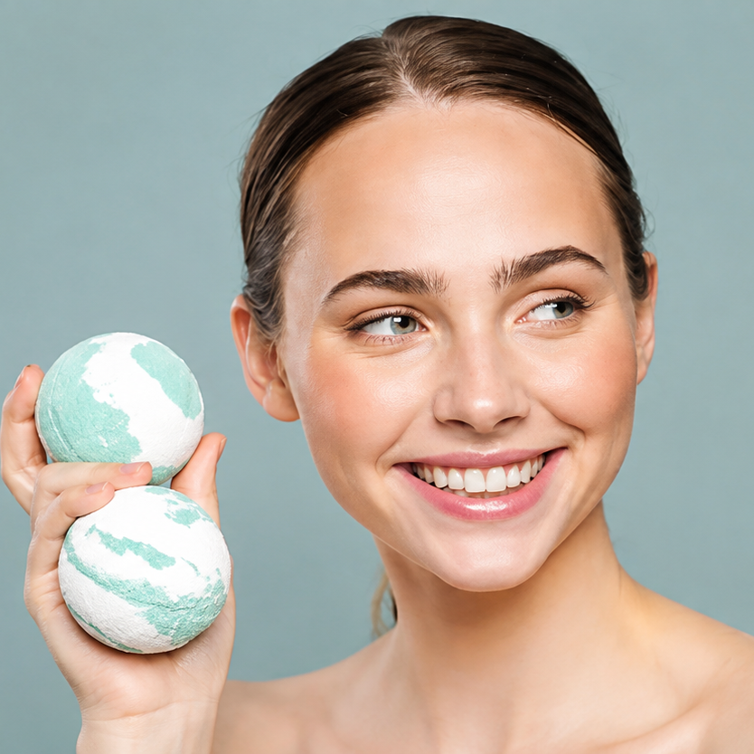 A smiling woman with her hair pulled back holds two marbled bath bombs in her hand against a solid slate blue-gray background.