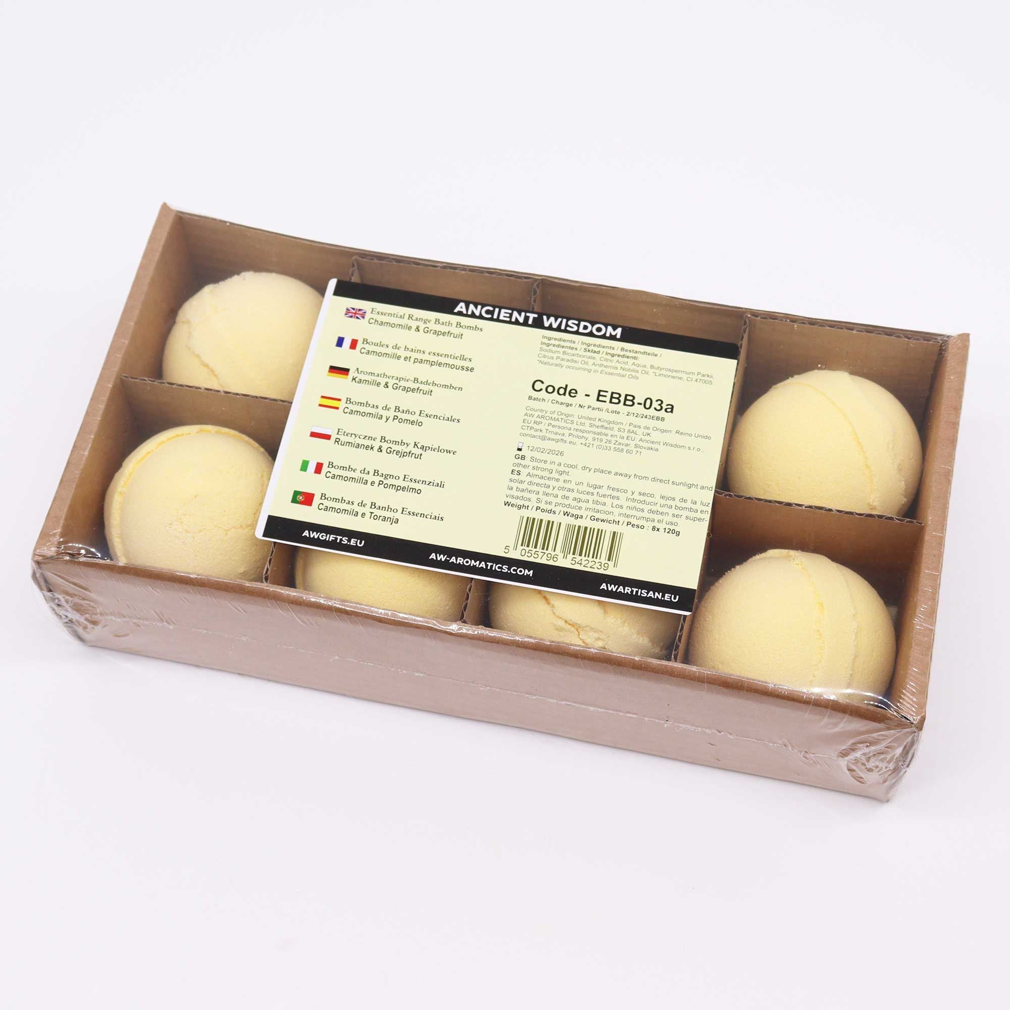 Box of bath bombs with a label on a white background