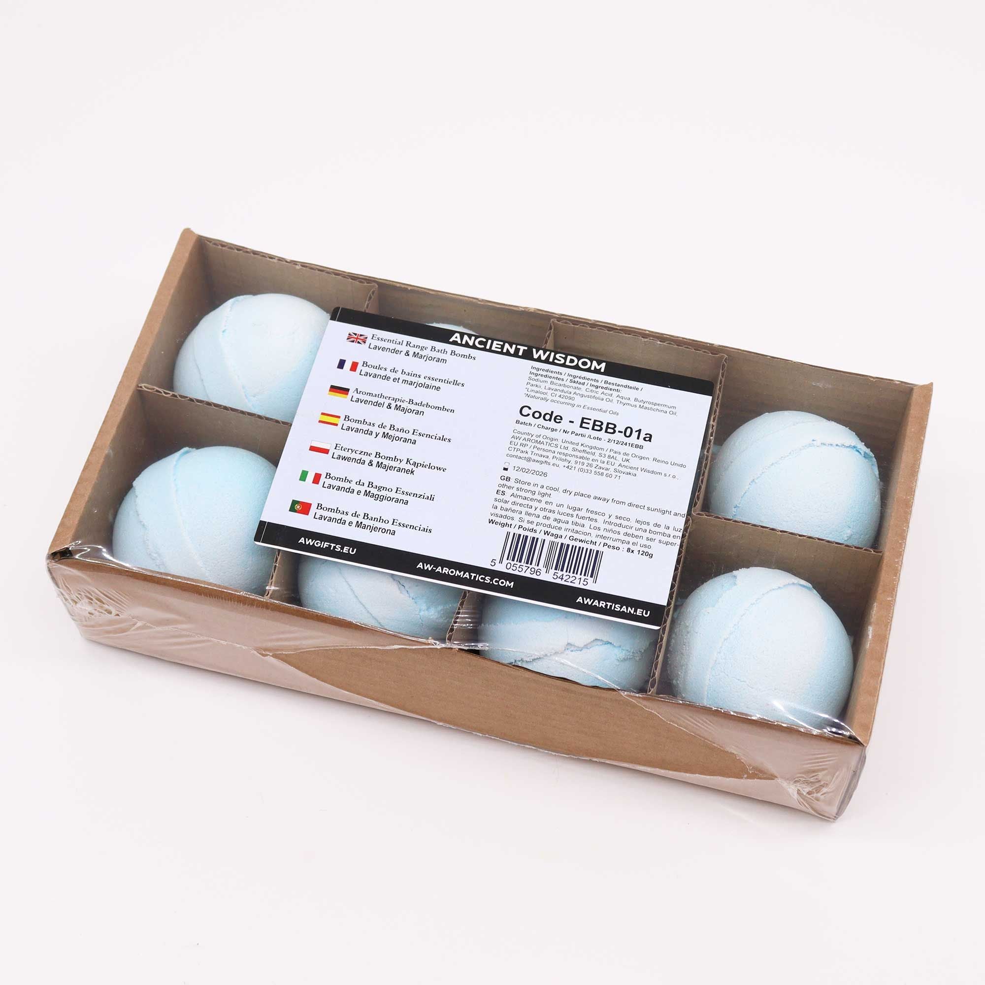 Box of bath bombs with a label on a white background