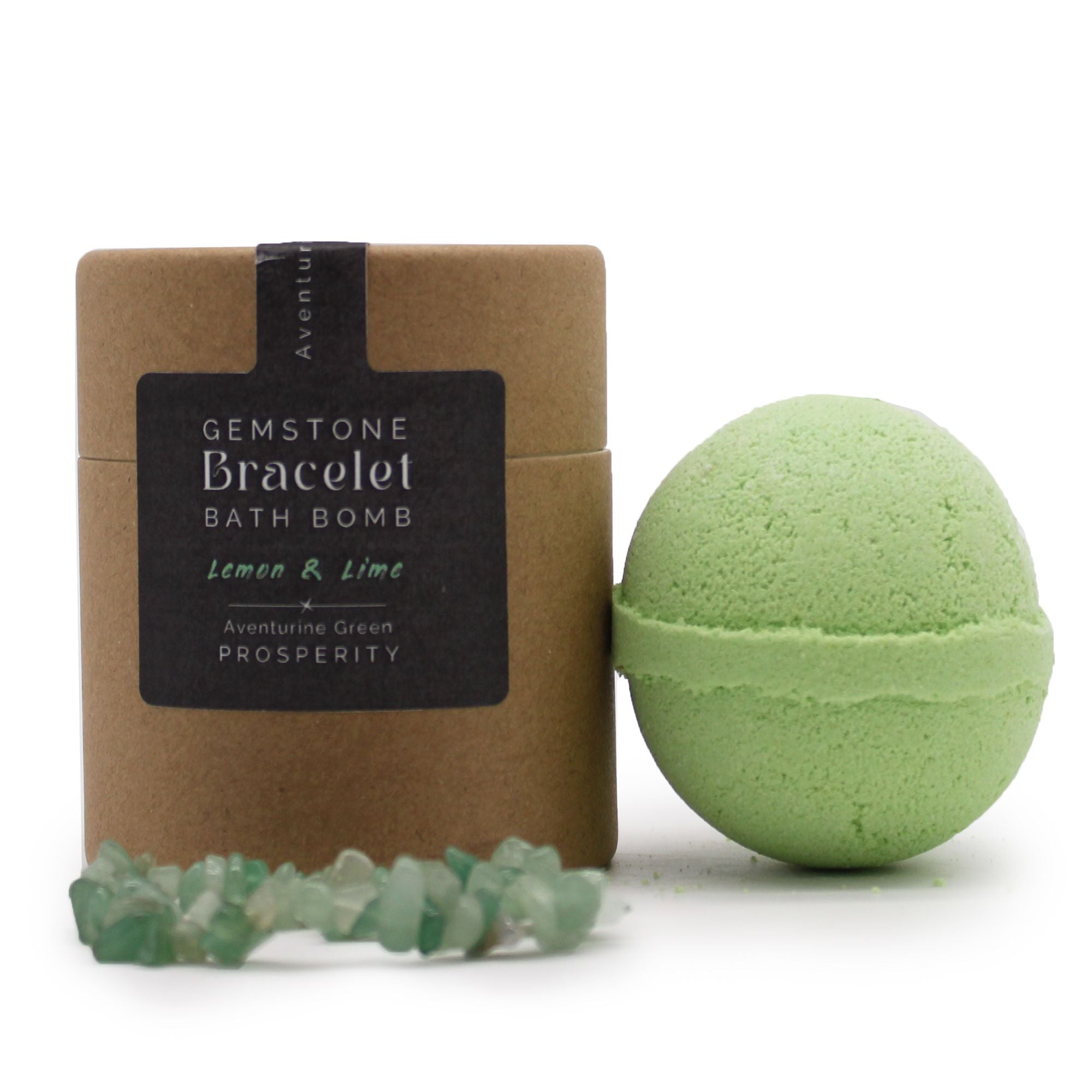 Green bath bomb with brown box and gemstones on a white background
