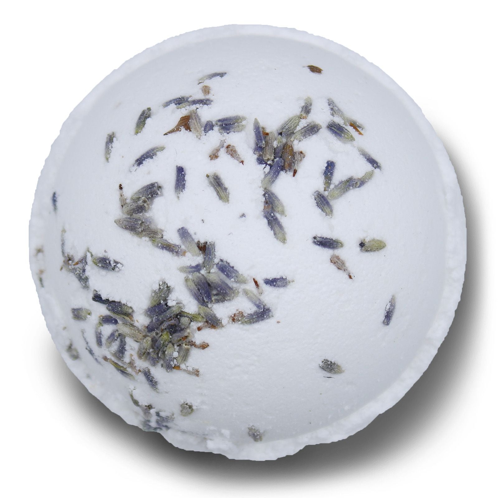 Bath bomb with lavender petals on a white background