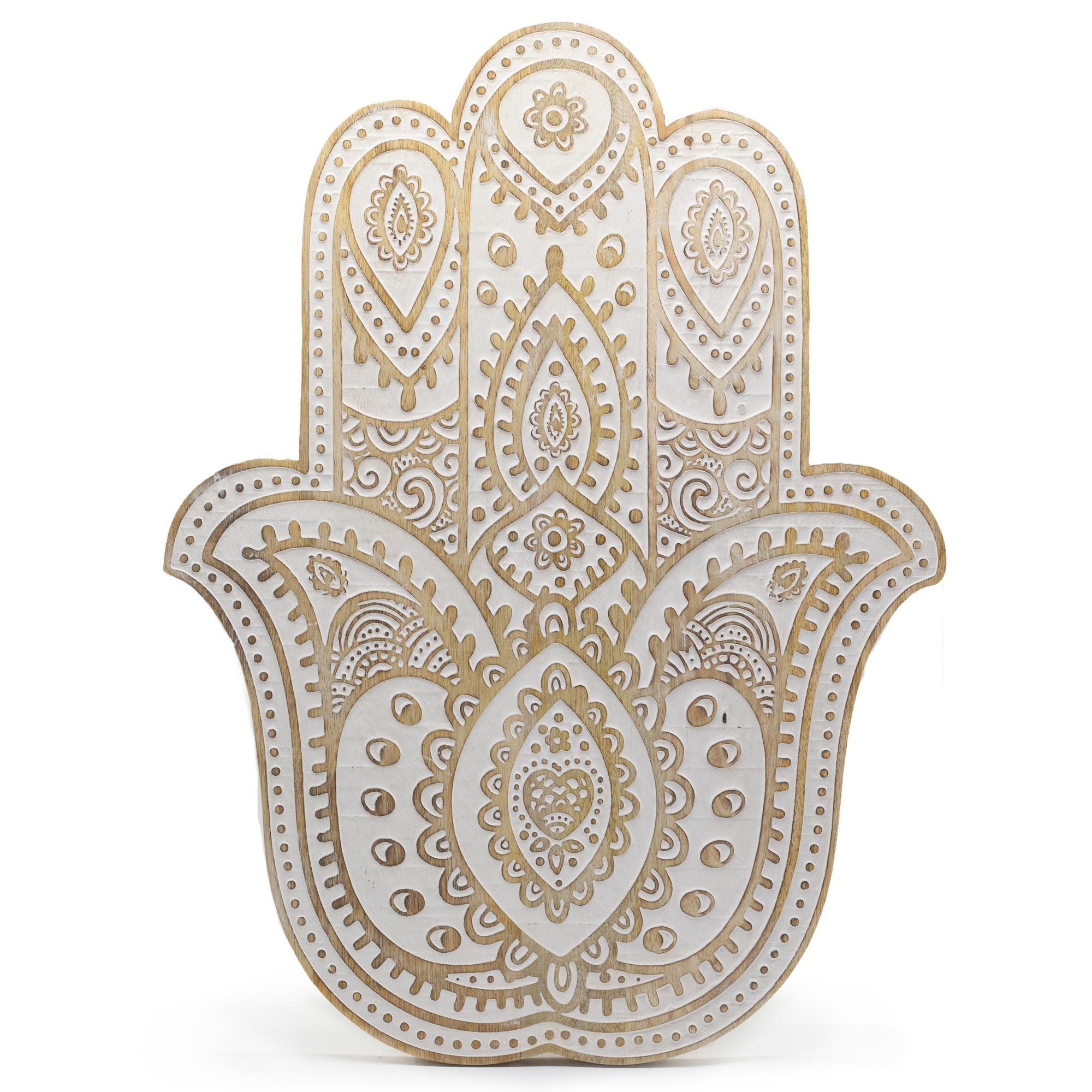 Decorative Hamsa hand with intricate patterns on a white background