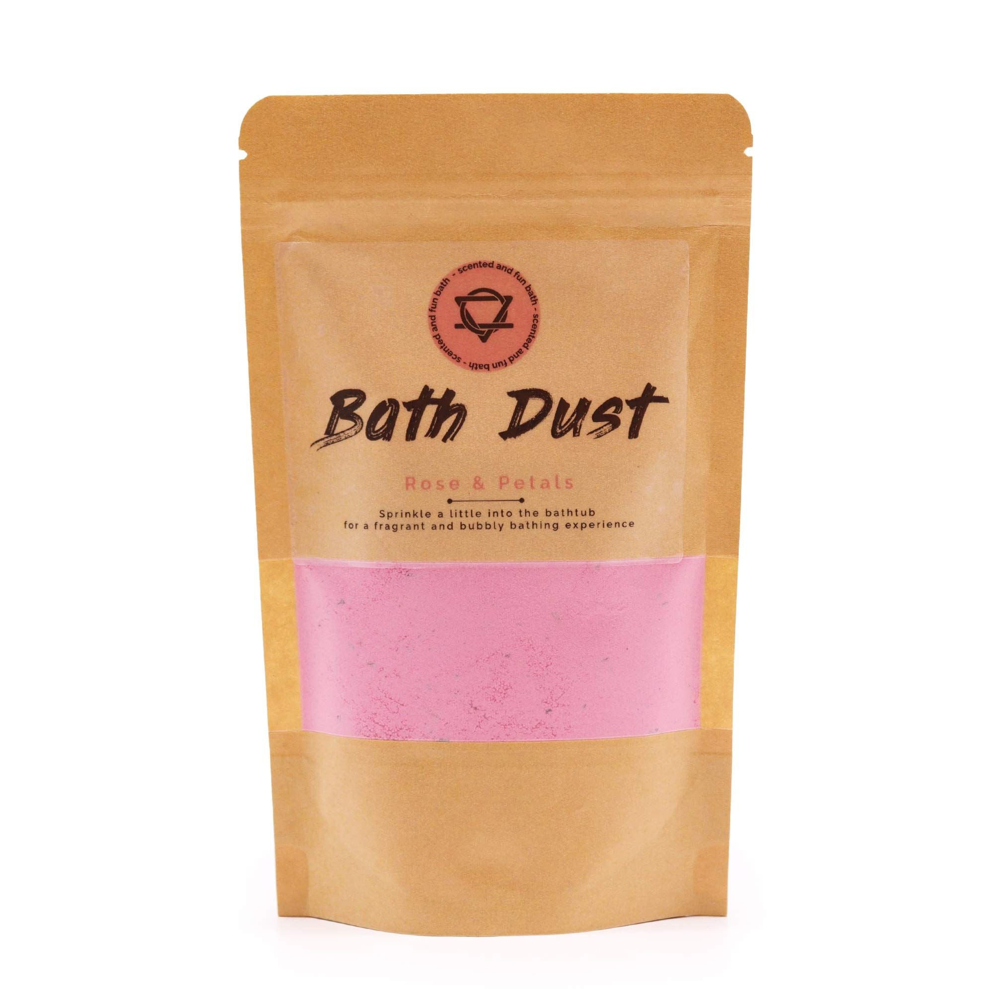 Bath Dust packaging with pink powder visible on a white background