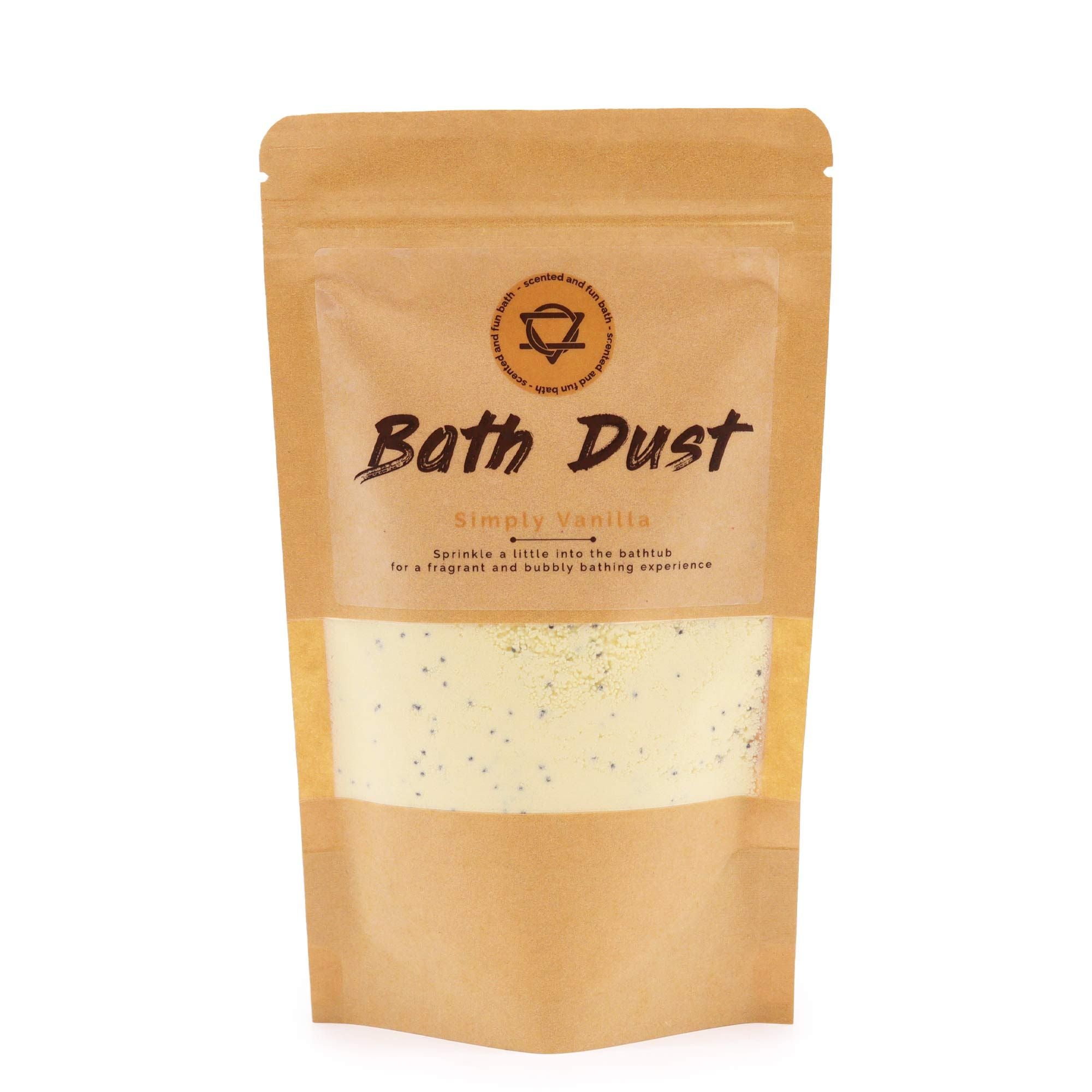 Bath Dust packaging with vanilla fragrance on a white background