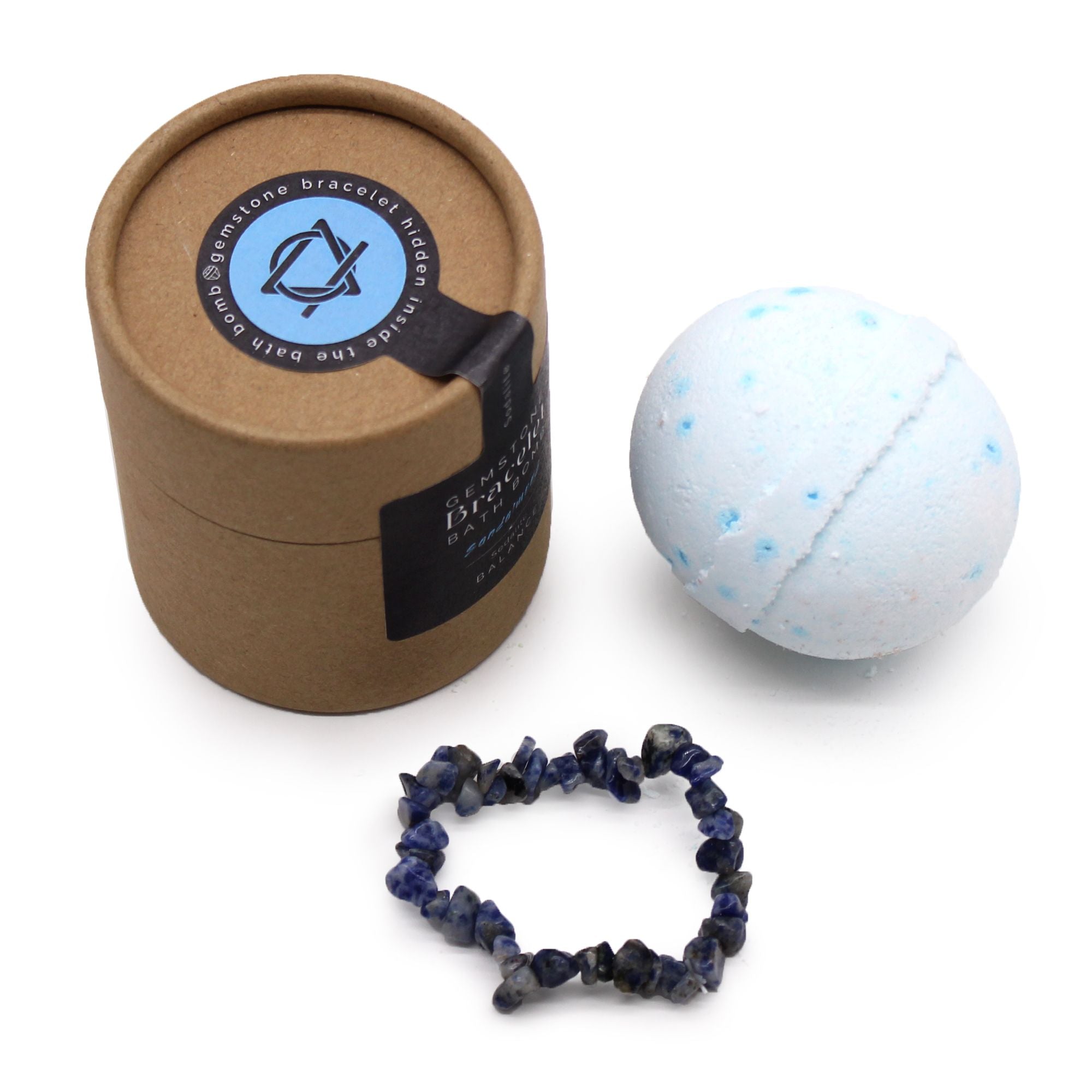 Bath bomb and bracelet set with packaging on a white background