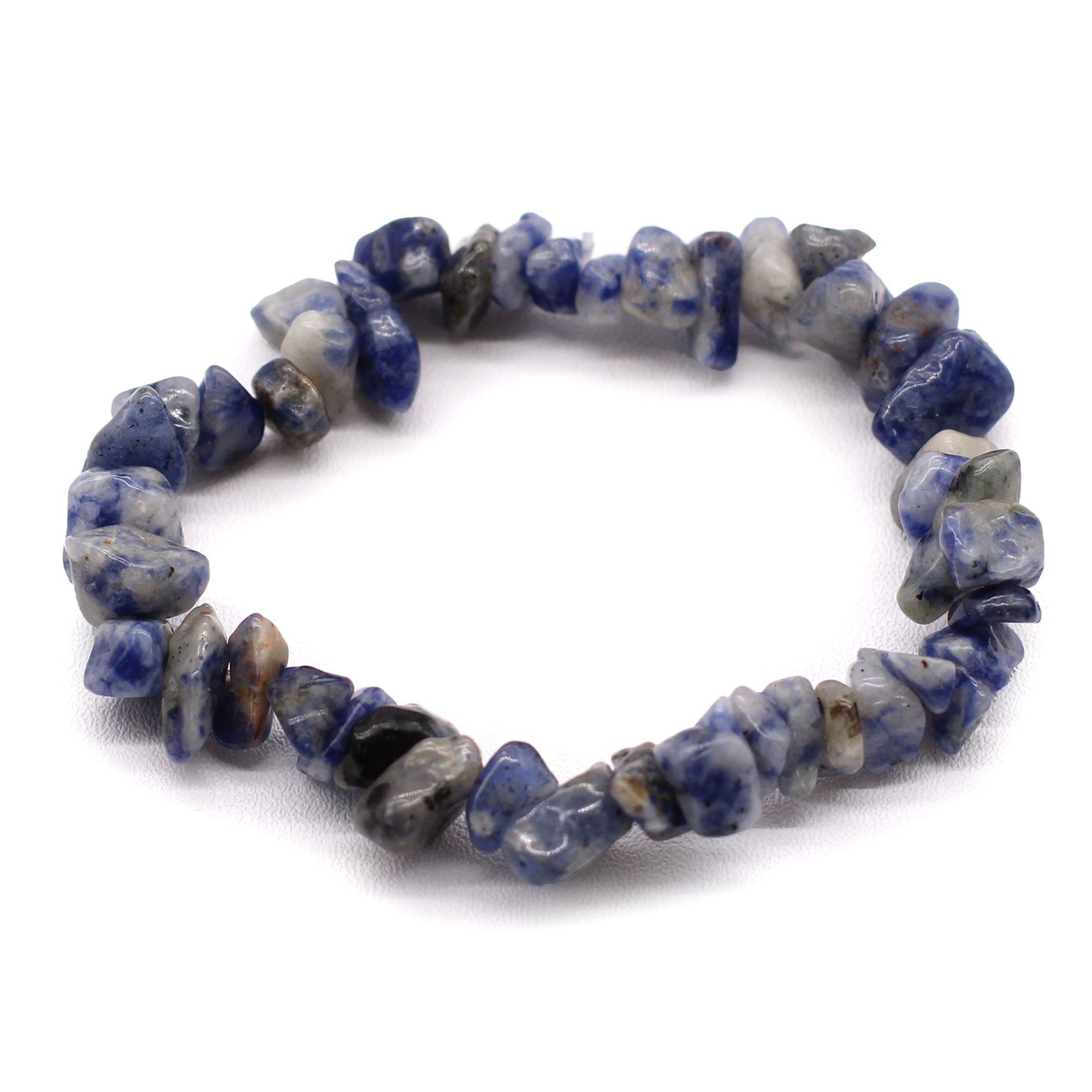 Blue and gray beaded bracelet on a white background