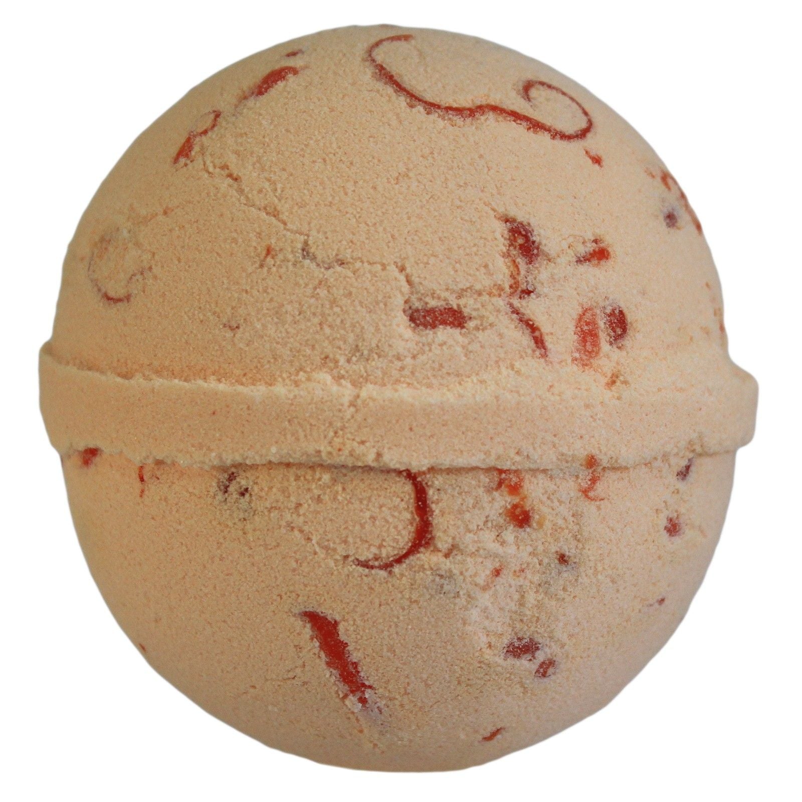 Beige bath bomb with red swirls on a white background