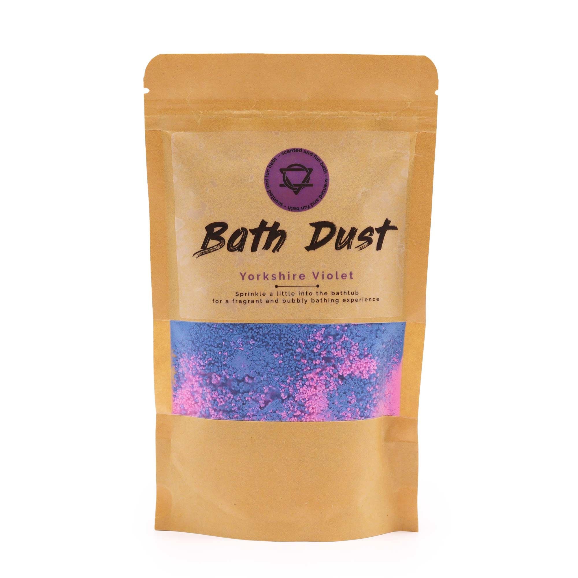 Package of Bath Dust with Yorkshire Violet fragrance on a white background