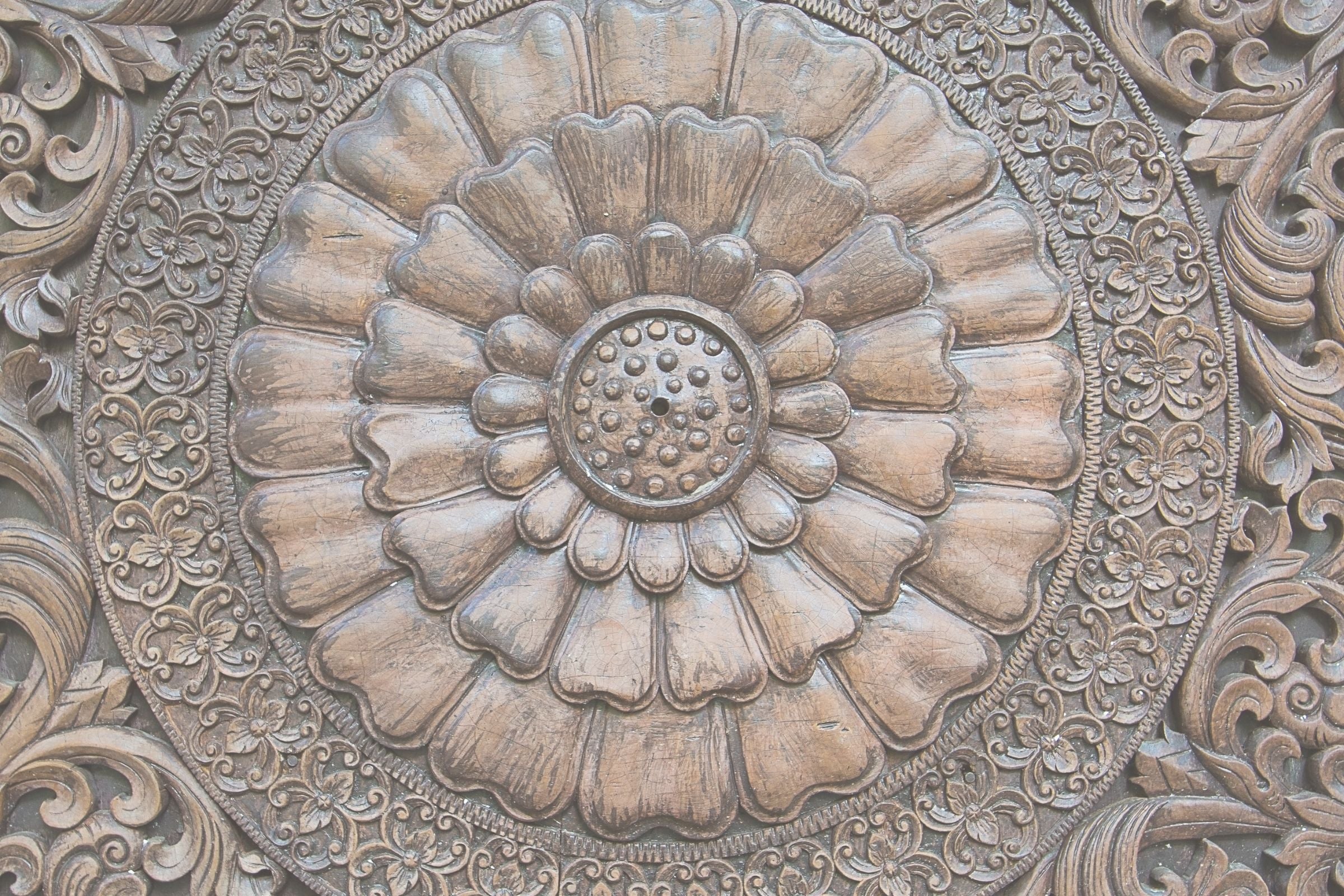 Close-up of intricate floral carvings on a wooden surface