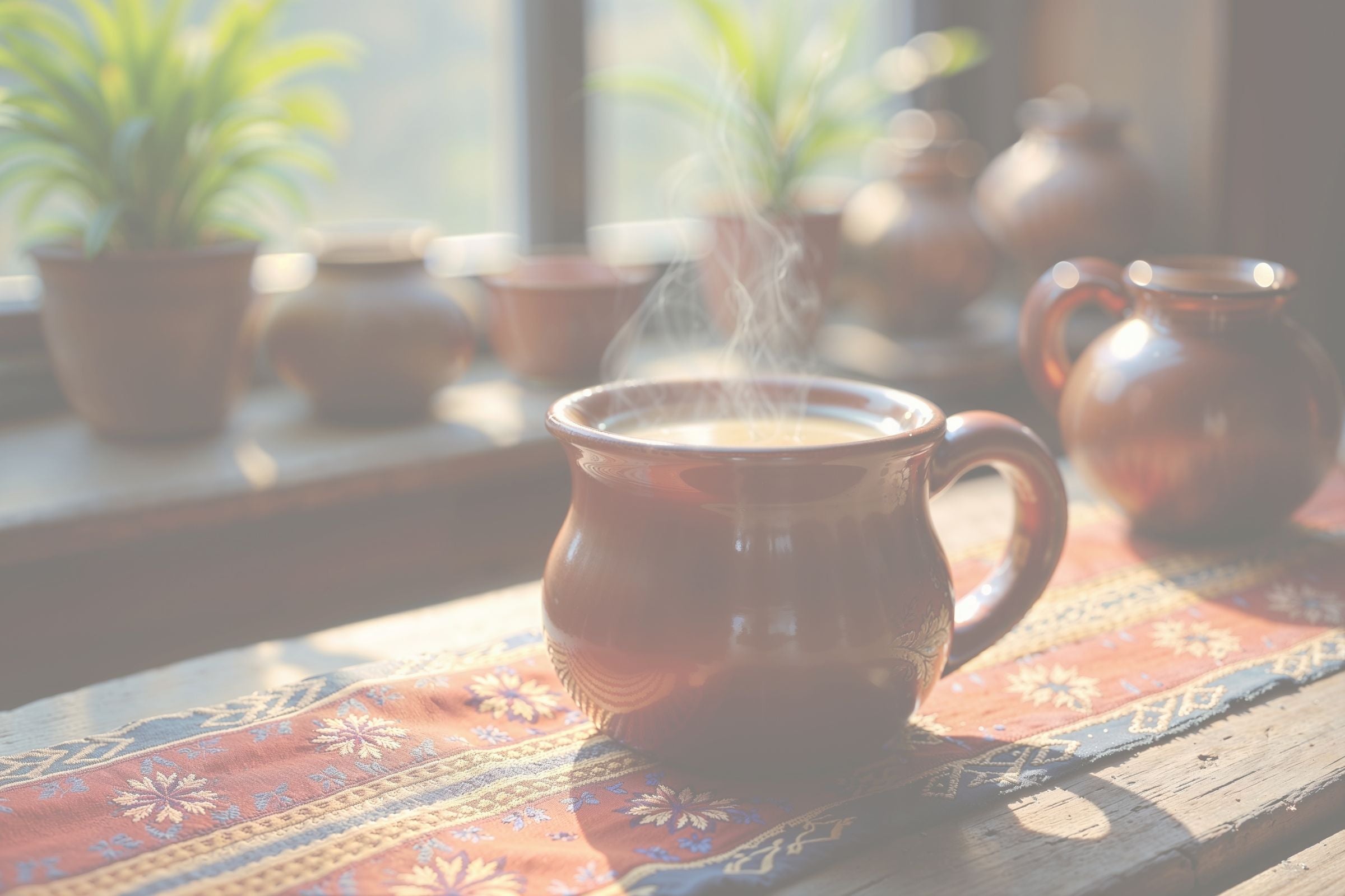Steaming mug of hot beverage on a patterned tablecloth with plants in the background