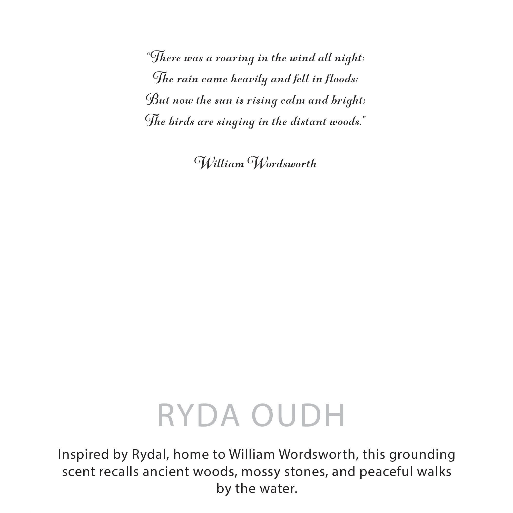 Text with a quote by William Wordsworth and branding for RYDAL OUDH on a white background