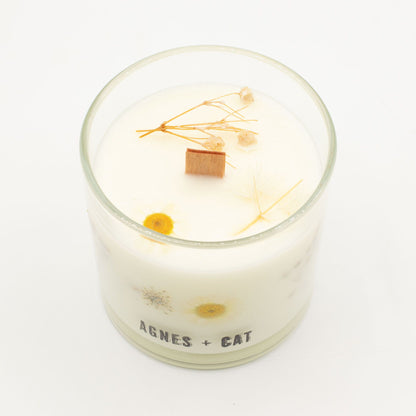 Candle in a glass jar with decorative elements on a white background, featuring the brand &