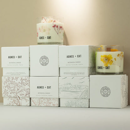 Candles and their packaging with &