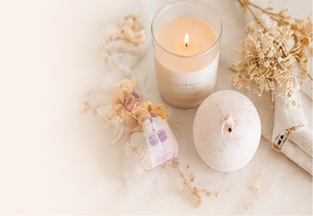 A lit glass jar candle with cream wax sits on a light surface beside a white bath bomb and dried floral decor. A small wrapped item with a purple flower illustration is also present.