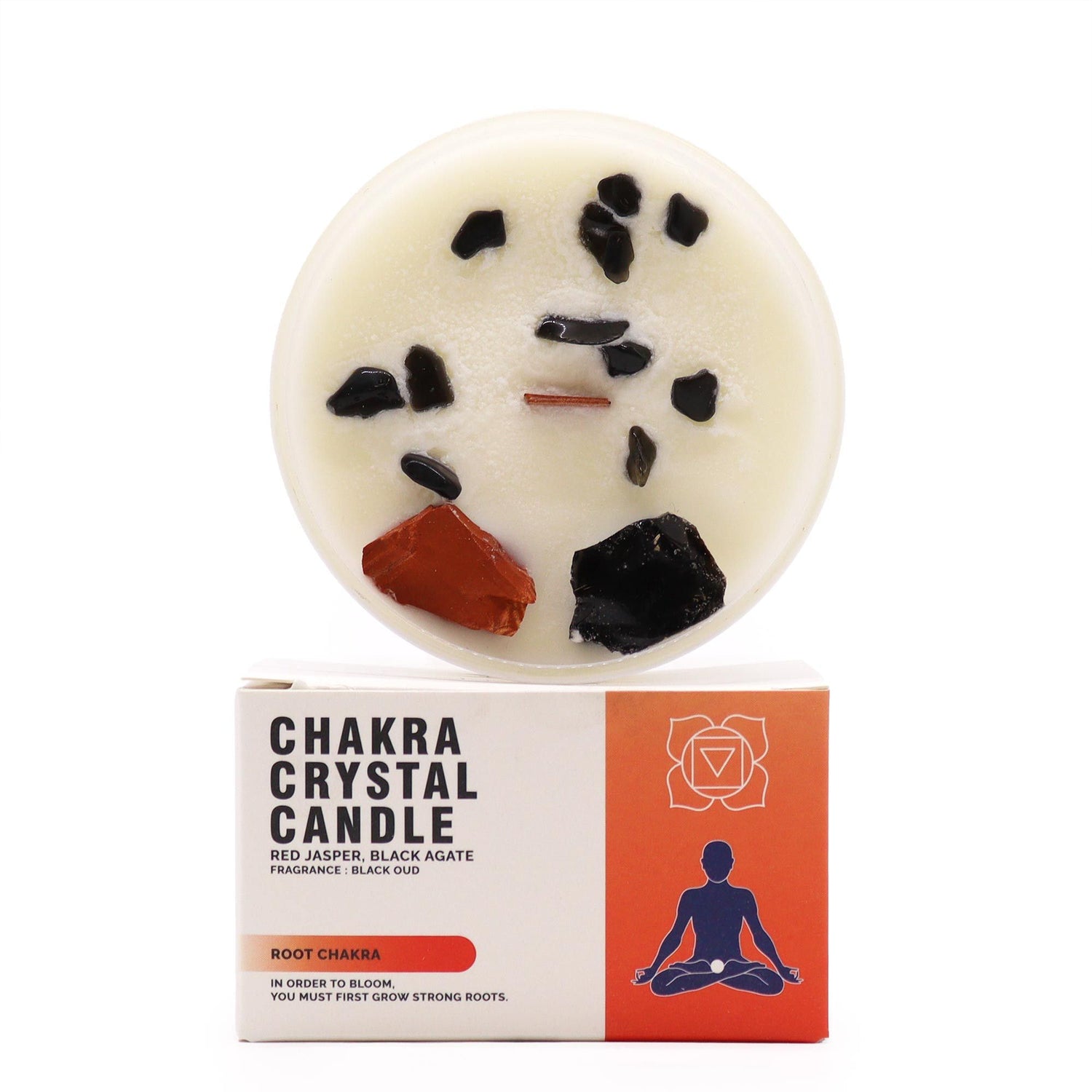 Chakra crystal candle with packaging on a white background
