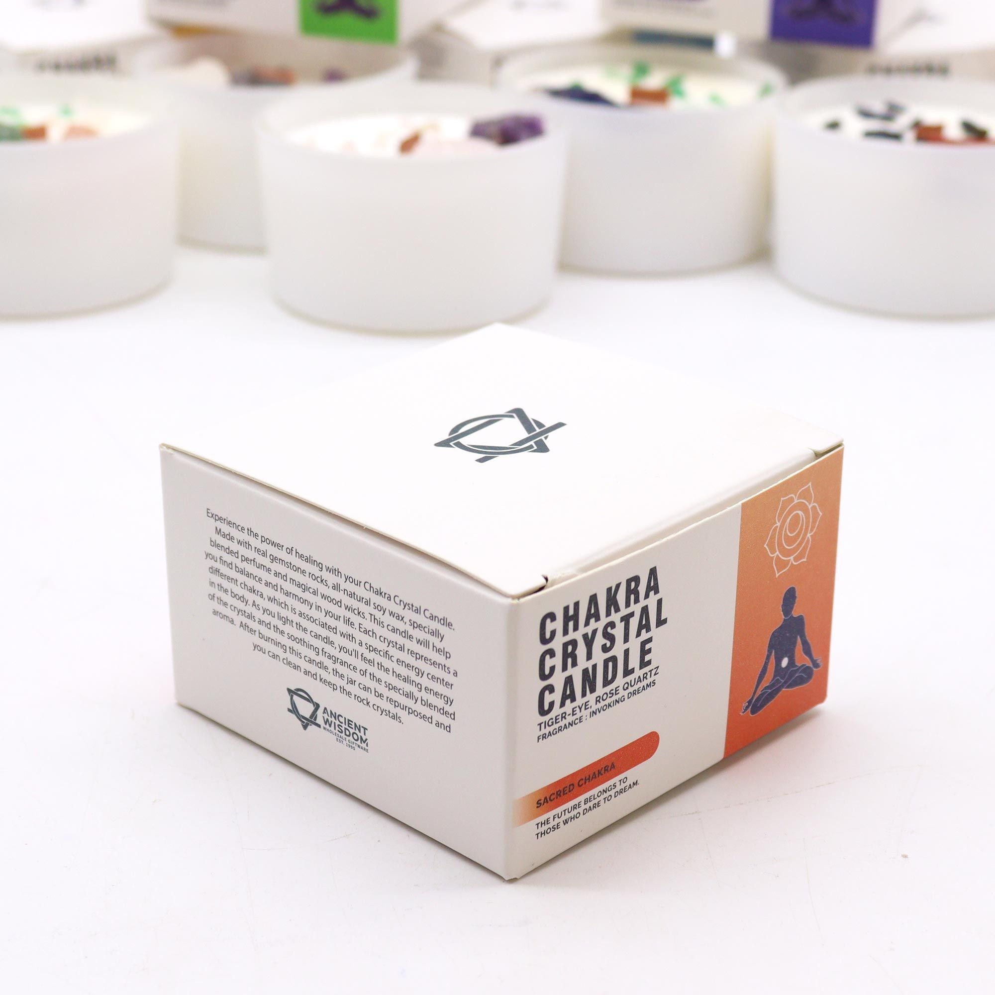 Chakra crystal candle box with candles in the background