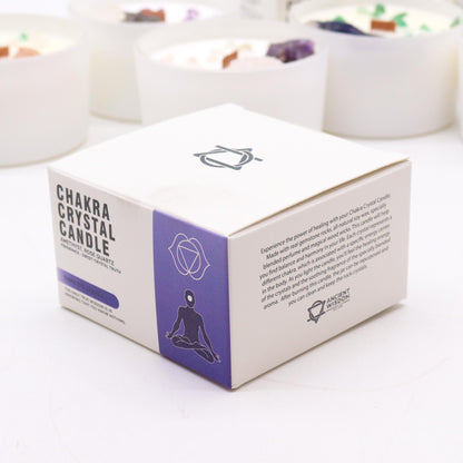 Box of Chakra Crystal Candle with text and graphics on a white background