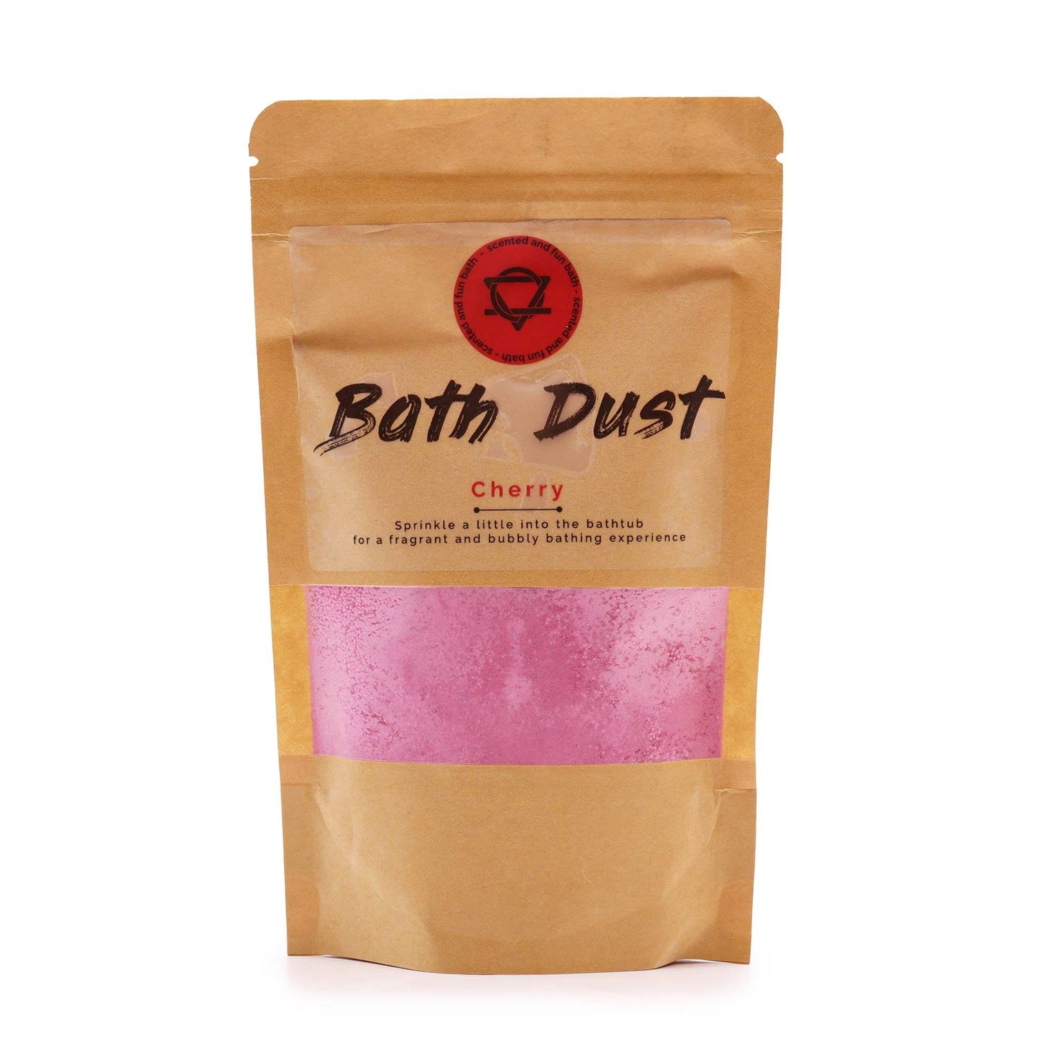 Bath Dust packaging with pink powder visible on a white background