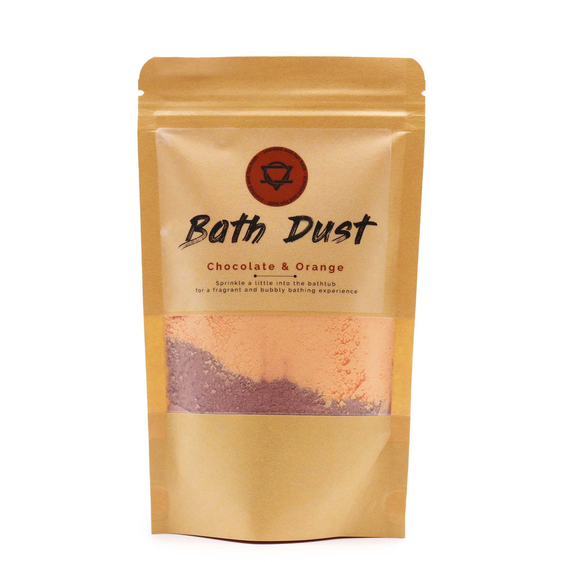 Packaged bath dust with visible chocolate and orange colors on a white background