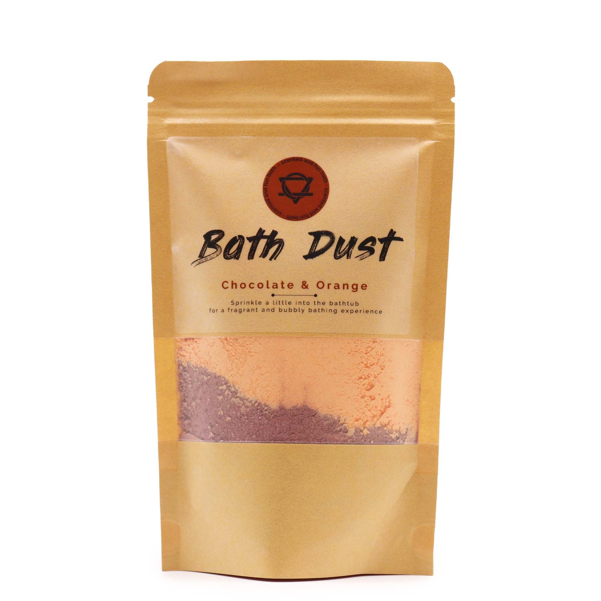 Packaged bath dust with visible chocolate and orange colors on a white background