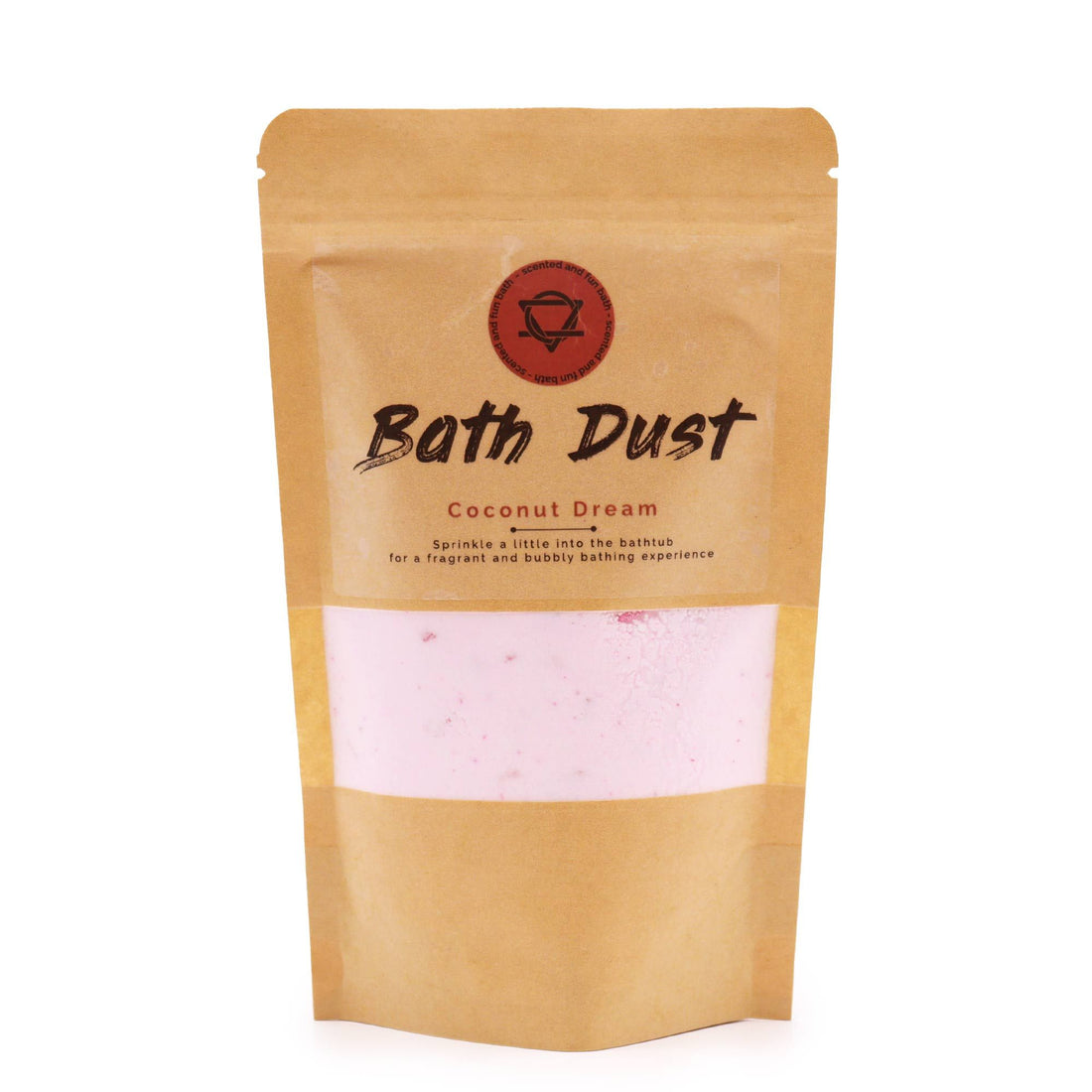 Package of bath dust with the Coconut Dream scent on a white background