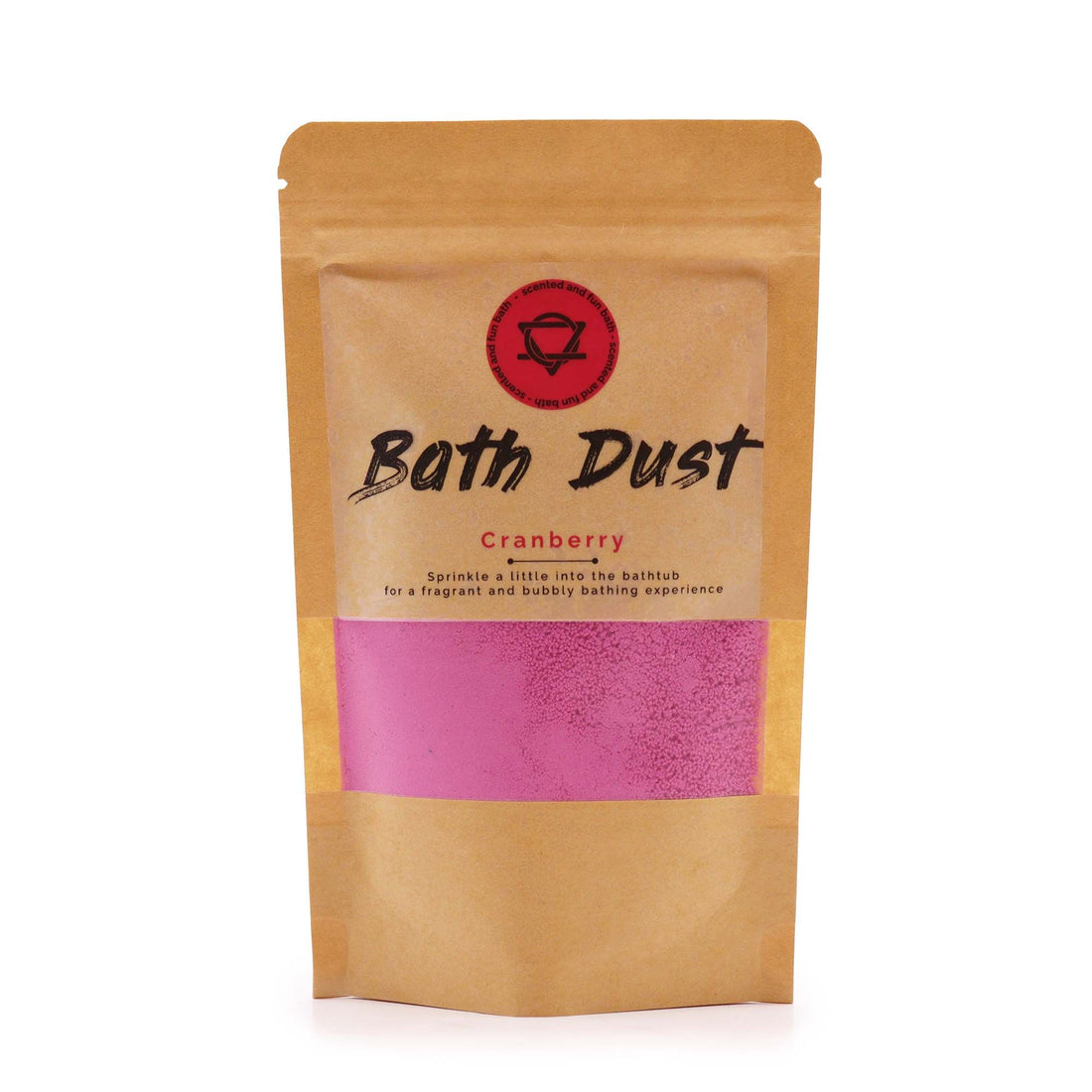 Bath Dust packaging with cranberry fragrance on a white background