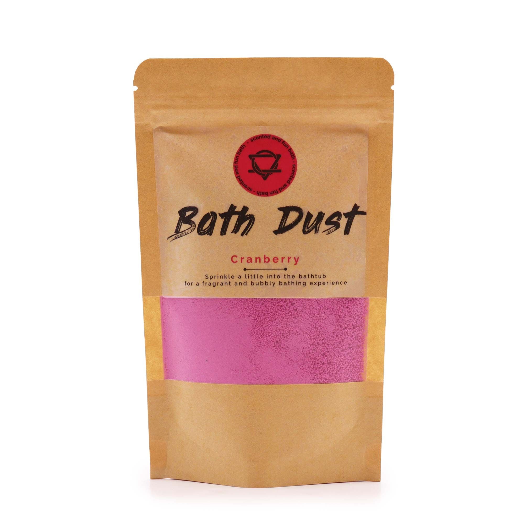 Bath Dust packaging with cranberry fragrance on a white background