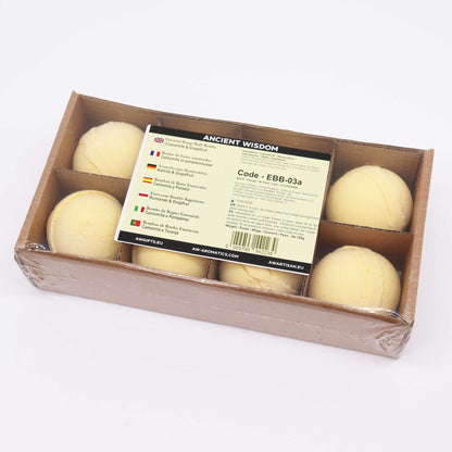 Box of bath bombs with a label on a white background