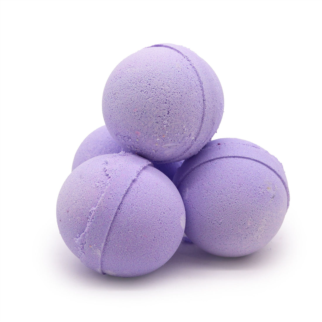Three purple bath bombs stacked on a white background