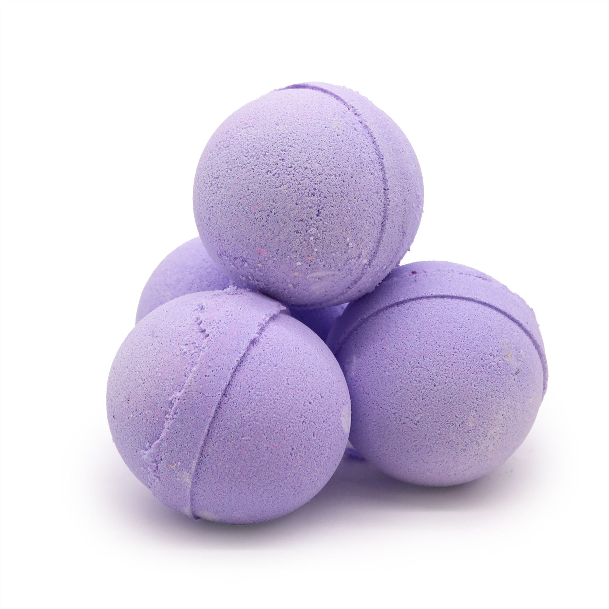 Three purple bath bombs stacked on a white background