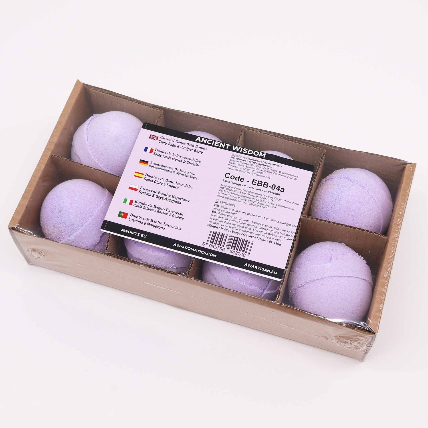 Box of purple bath bombs with a label on a white background