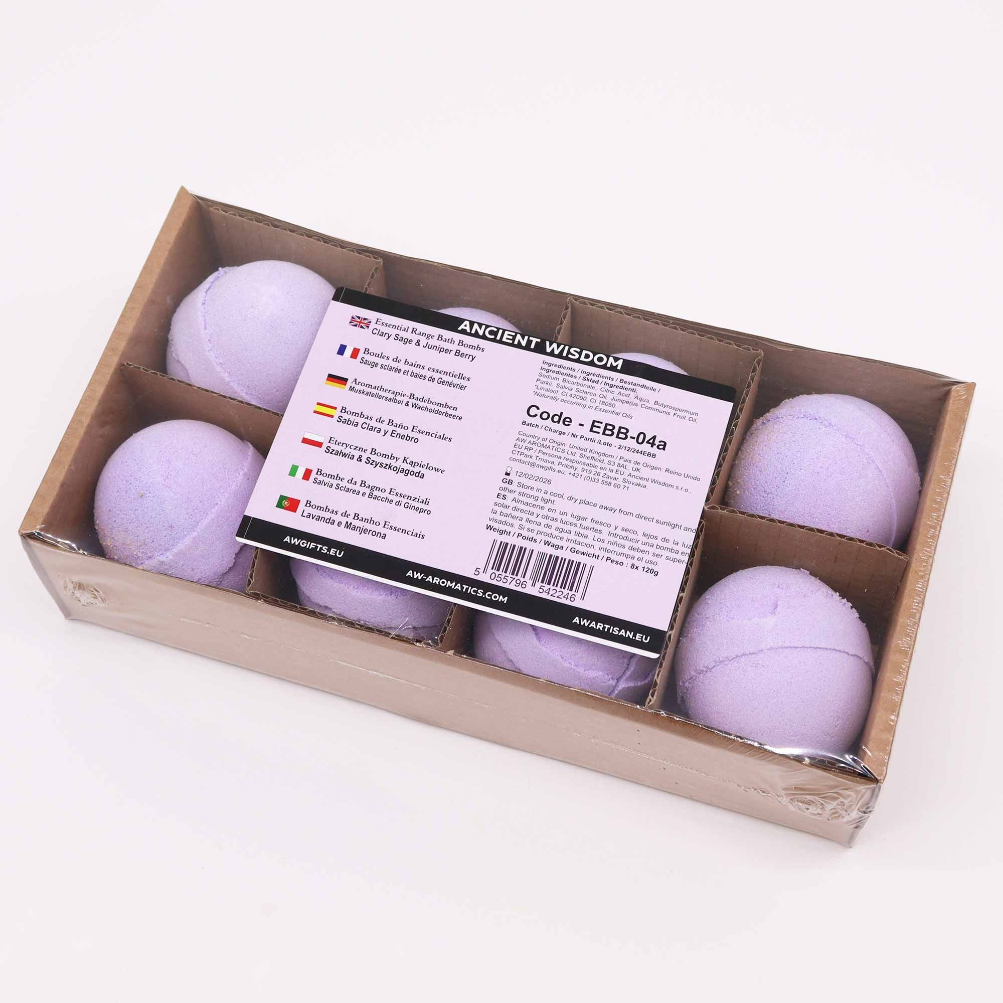 Box of purple bath bombs with a label on a white background