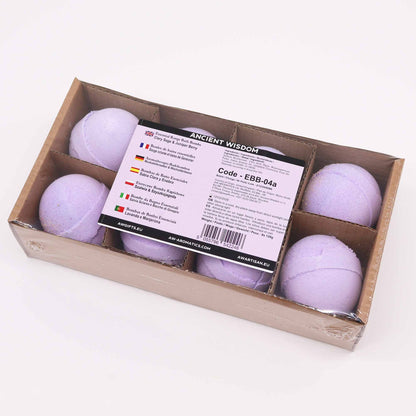 Box of purple bath bombs with a label on a white background