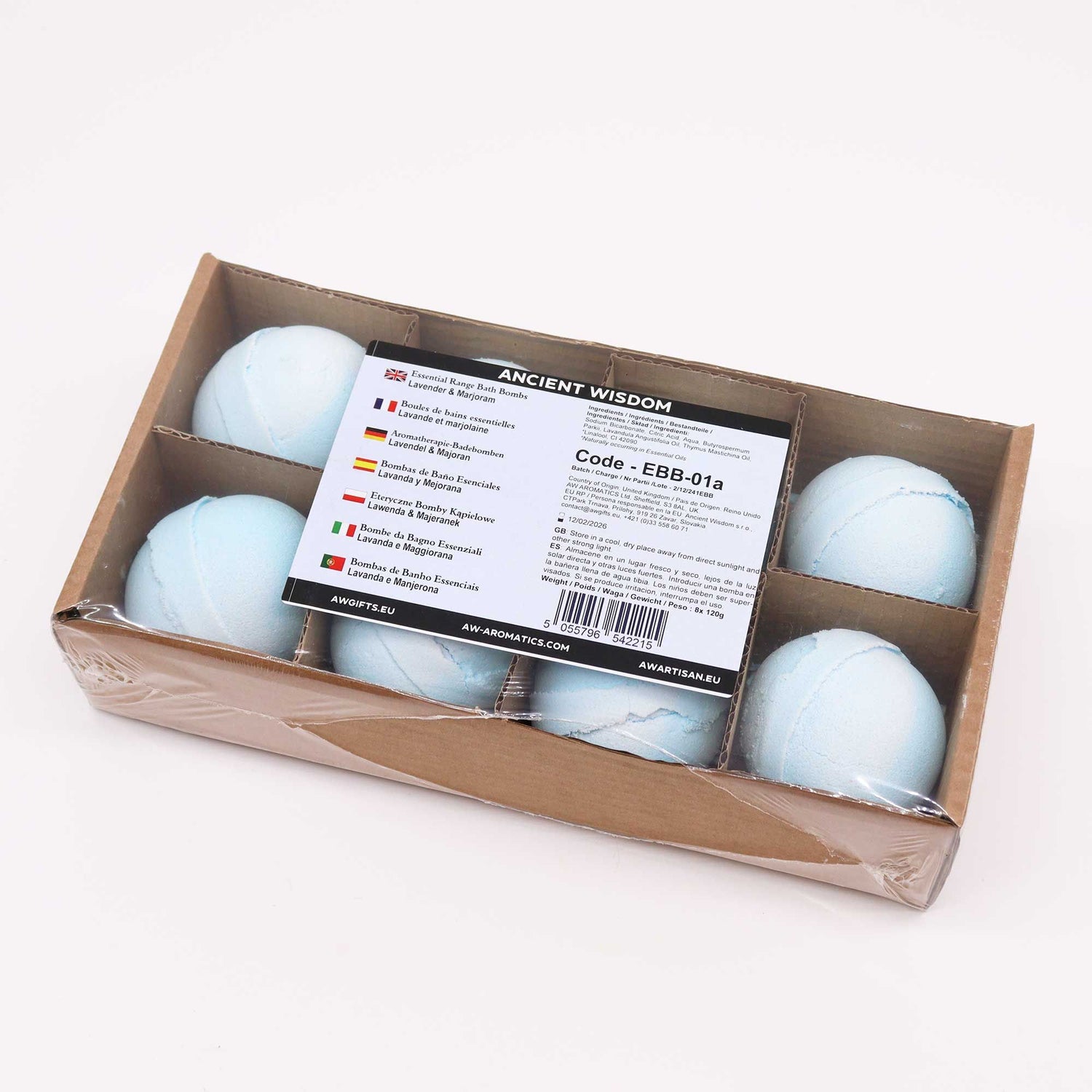 Box of bath bombs with a label on a white background