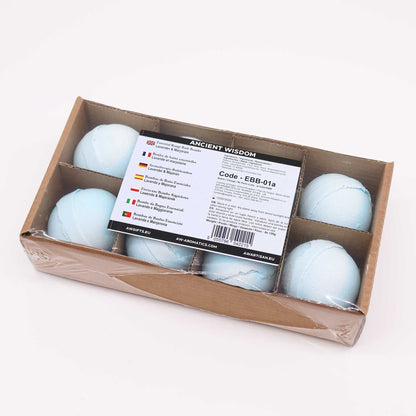 Box of bath bombs with a label on a white background