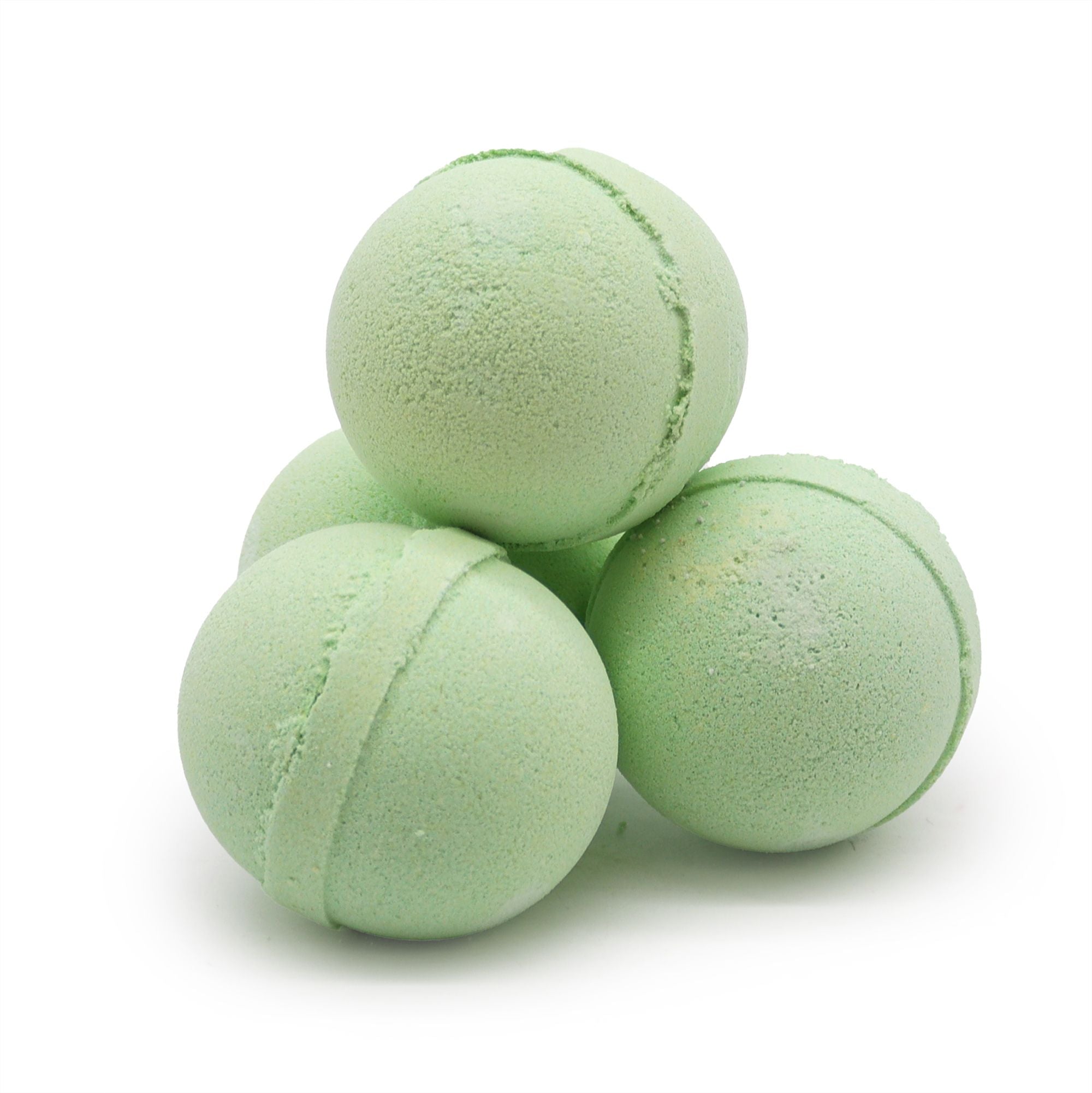 Three green bath bombs stacked on a white background