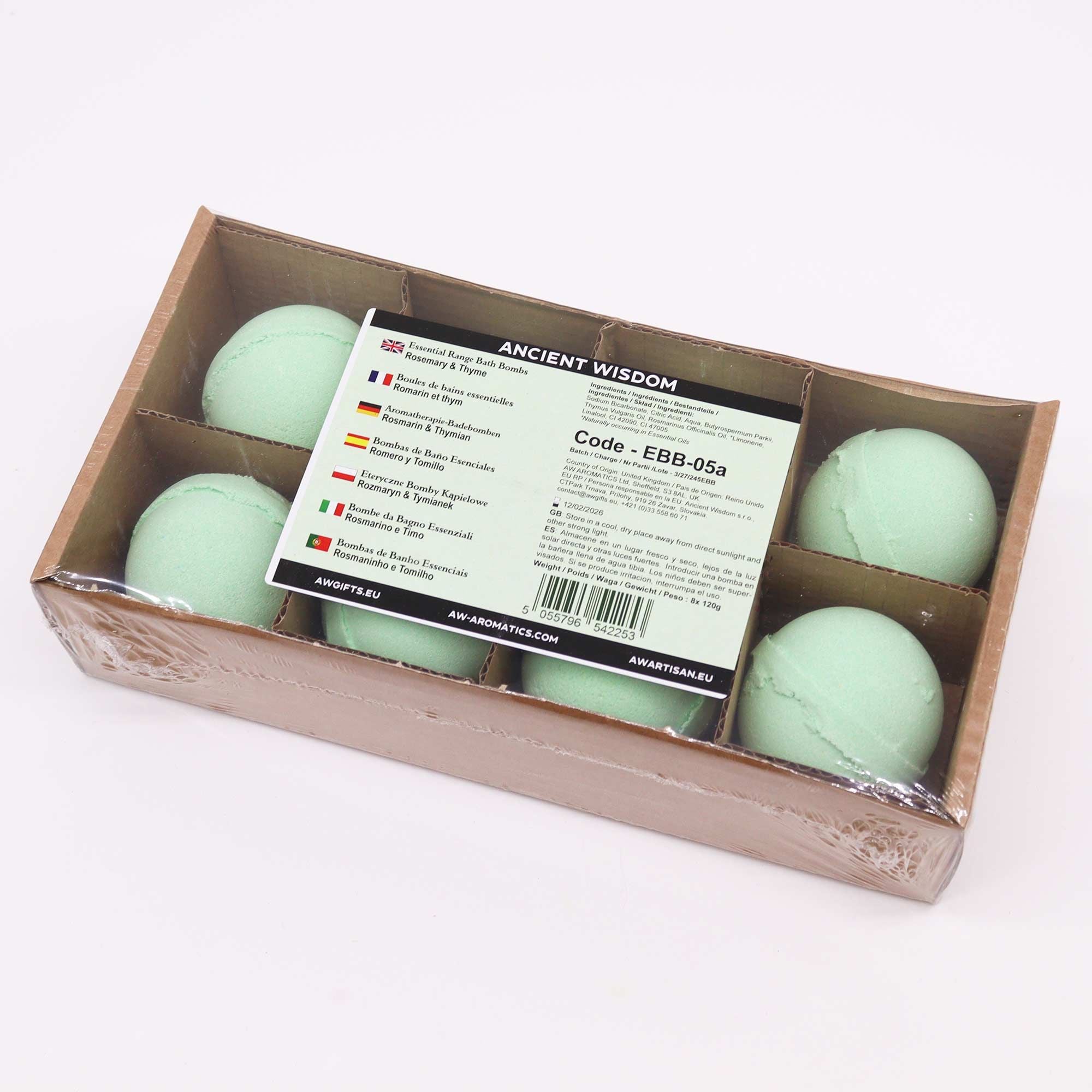 Box of green bath bombs with a label on a white background