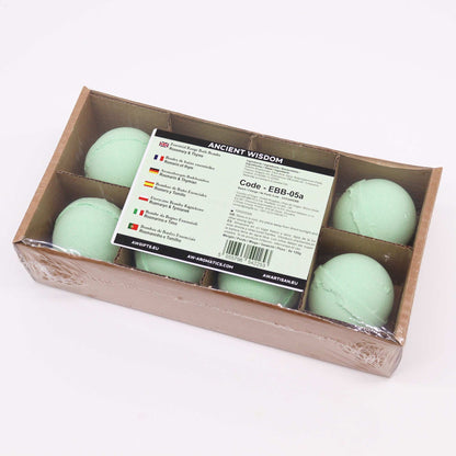 Box of green bath bombs with a label on a white background