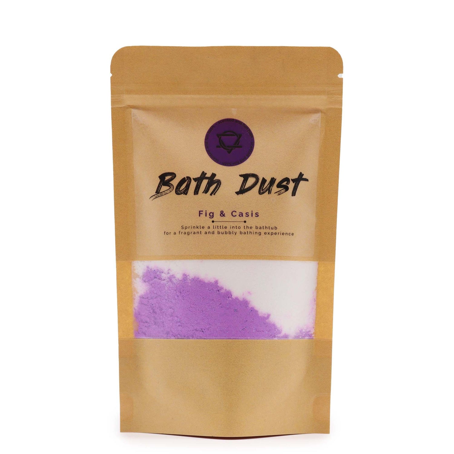 Bath Dust packaging with purple bath powder visible on a white background