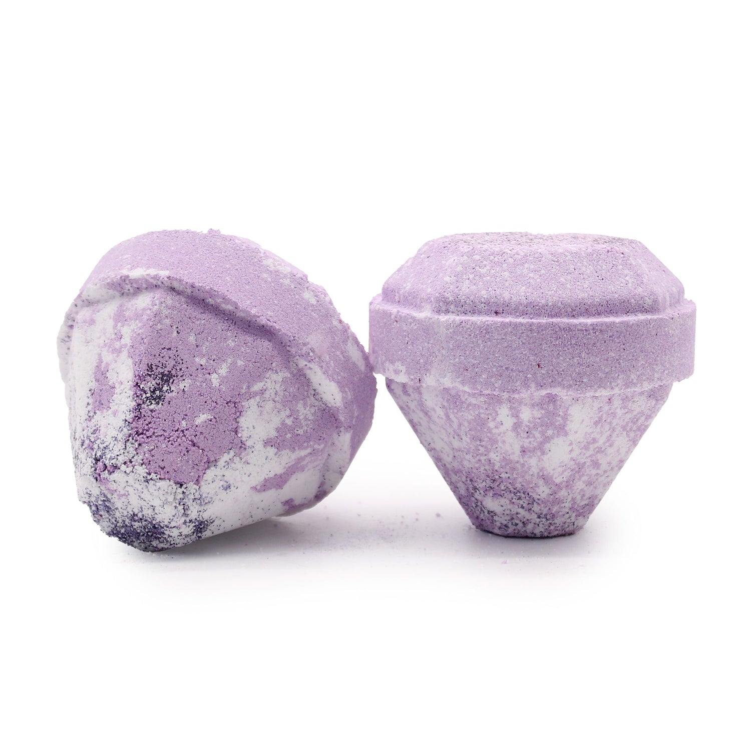 Two purple bath bombs with textured surfaces on a white background