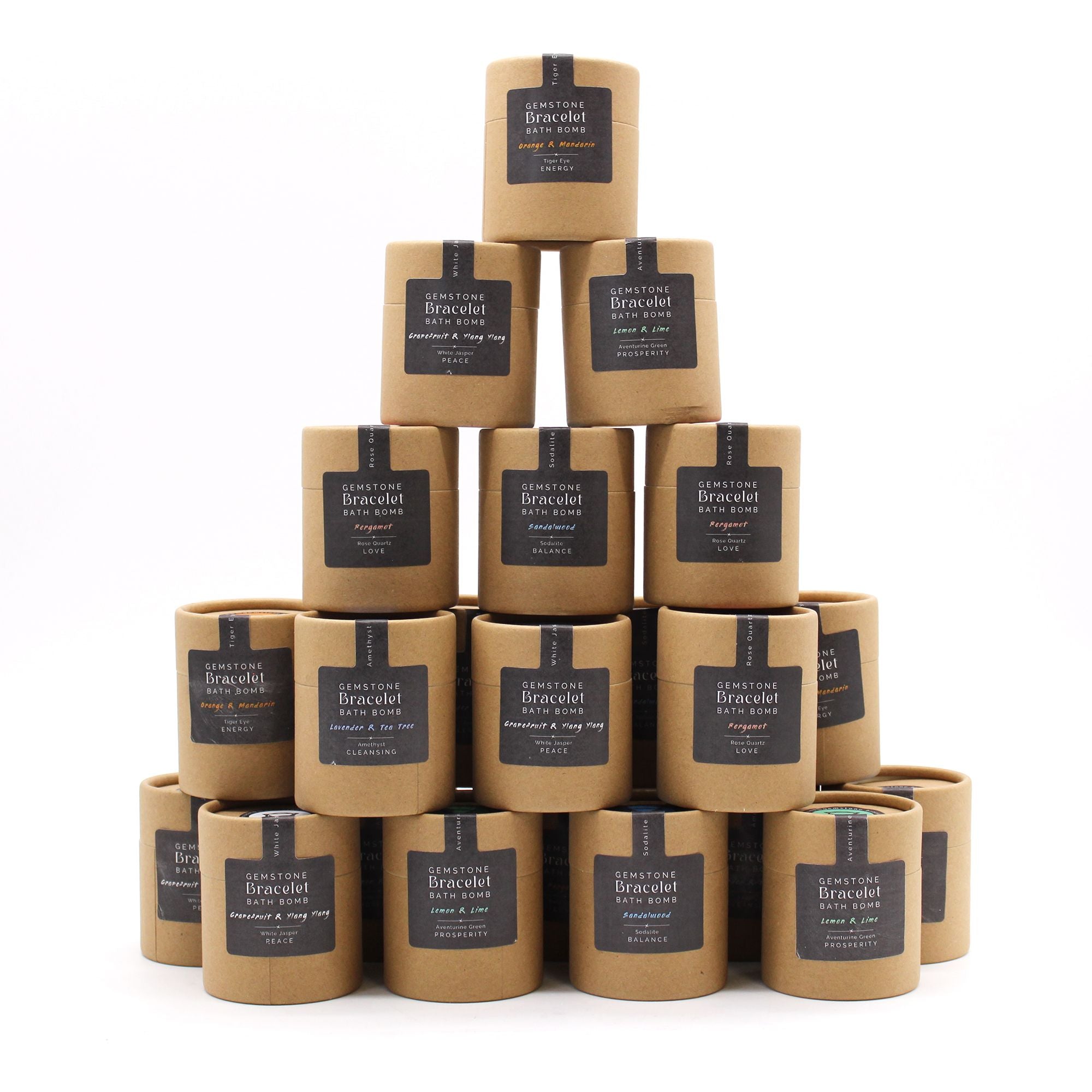 Stack of Gemstone Bracelet Bath Bomb boxes on a white background
