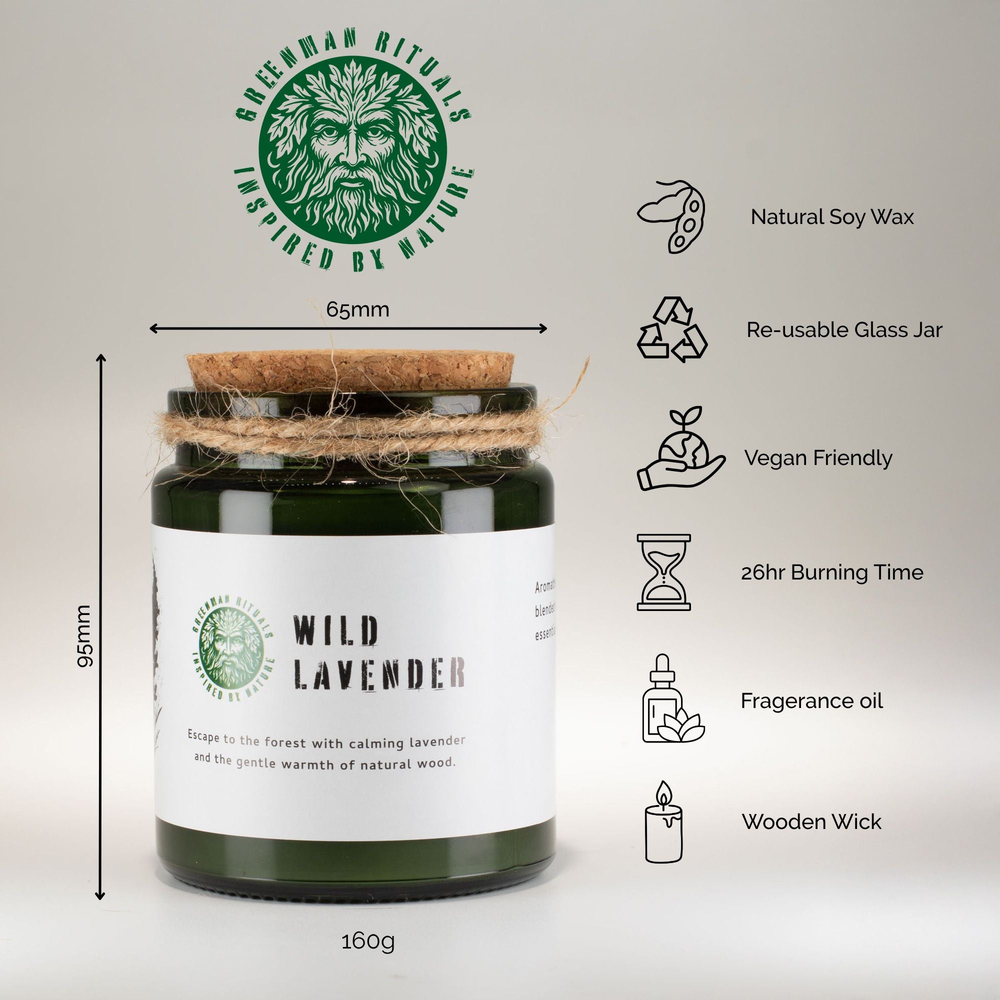 Candle jar with Greenman Rituals branding, dimensions, and features listed on a light gray background.