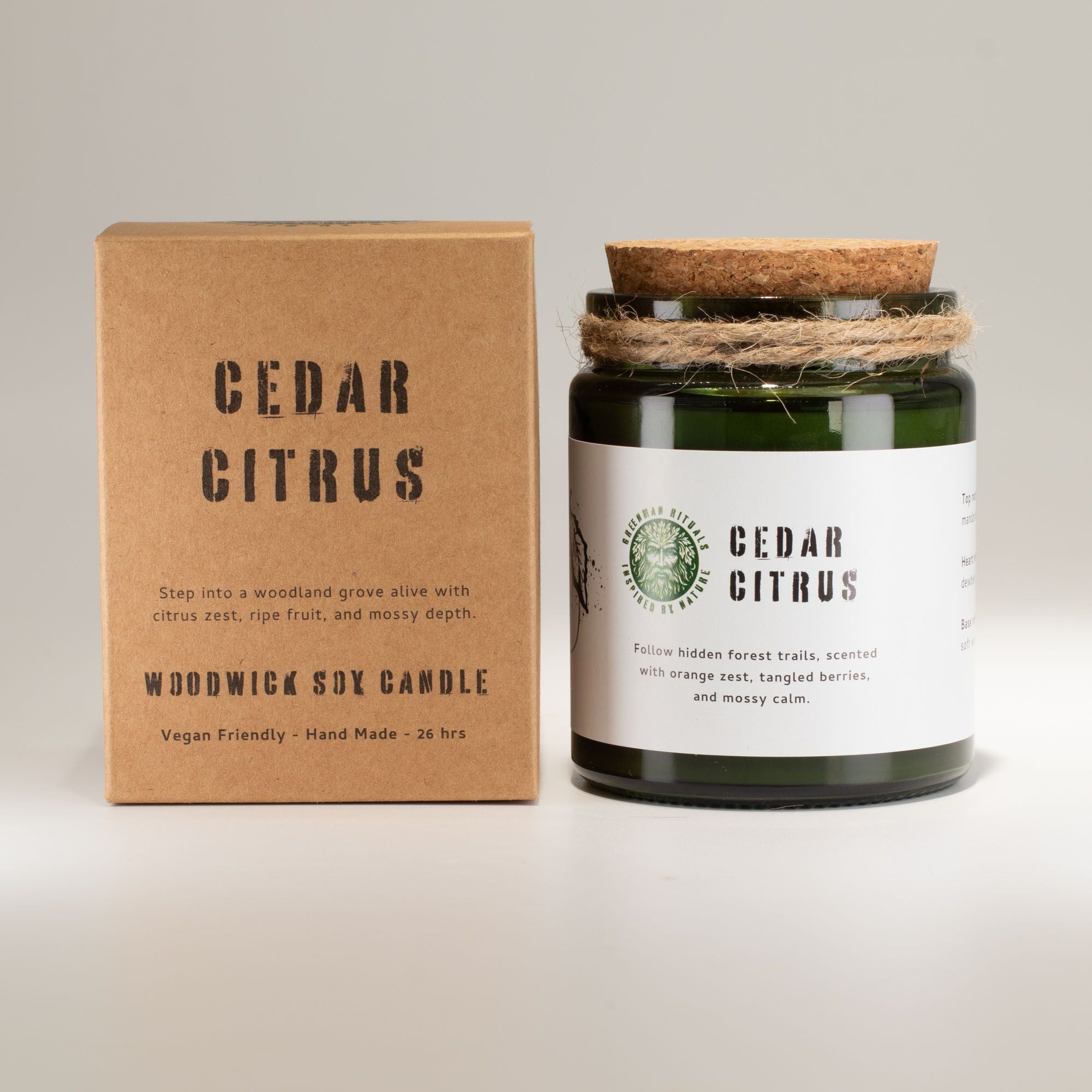 Wooden wick Cedar Citrus candle with packaging on a light gray background