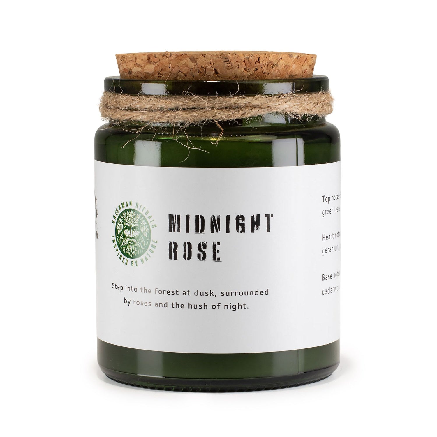 Candle in a glass jar with a cork lid on a white background