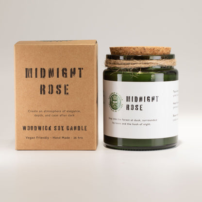A wooden wick soy candle labeled &