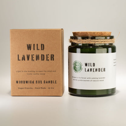 Wooden wick Wild Lavender candle with packaging on a light gray background