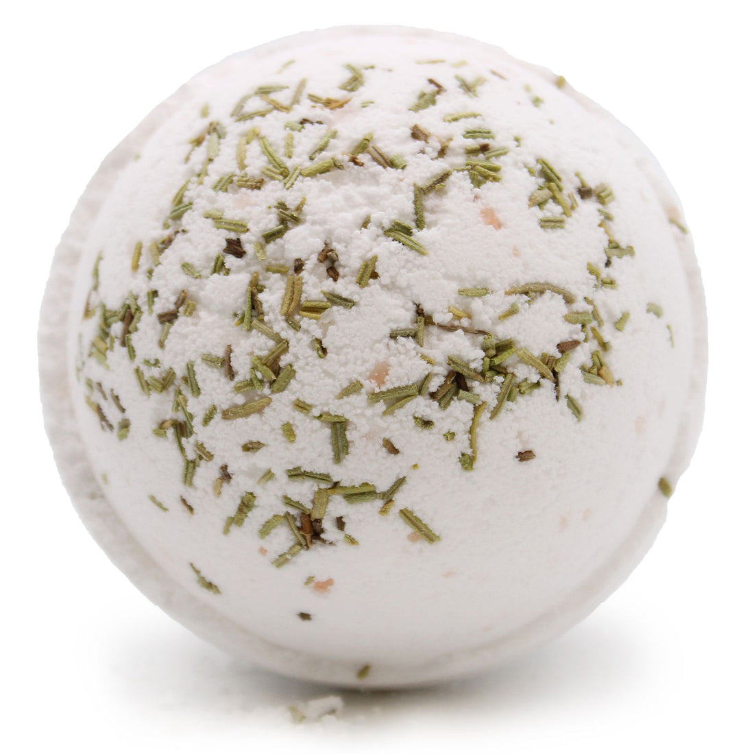 Bath bomb with green herbs on a white background