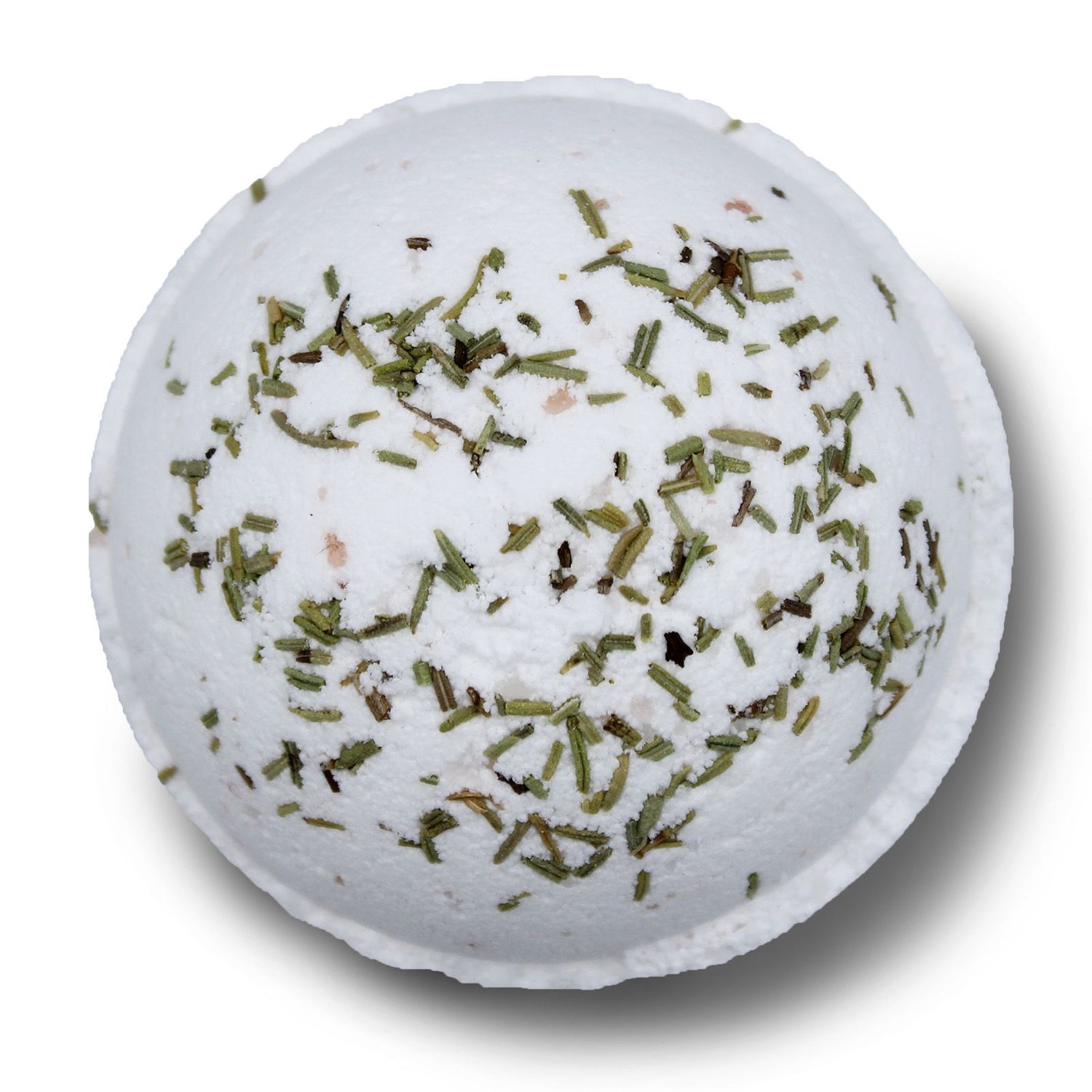 Bath bomb with green herbs on a white background