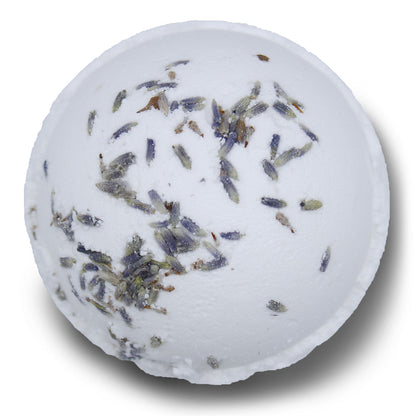 Bath bomb with lavender petals on a white background
