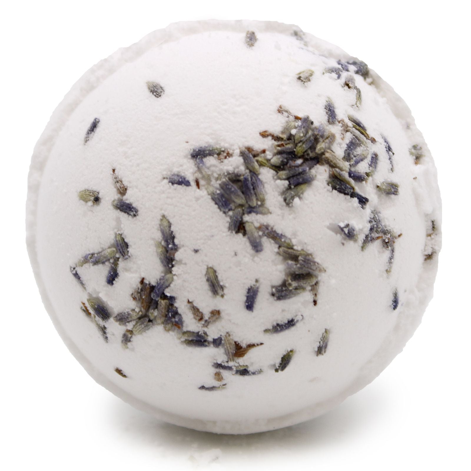 Bath bomb with lavender petals on a white background